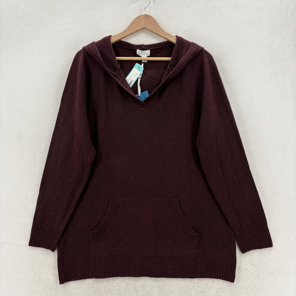 Market & Spruce Regina Cozy Sweater Hoodie Womens Plus 1X Burgundy V Neck Knit